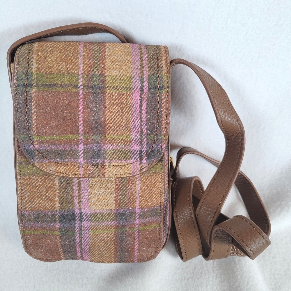 Aimee Kestenberg Womens Phone Crossbody Plaid Leather Bag Brown Dark Academia